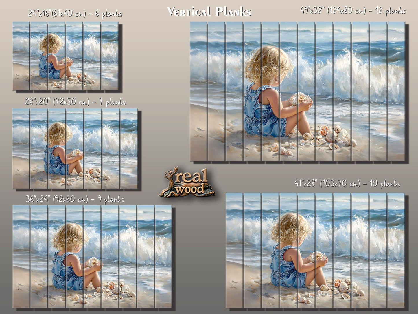 Wood Wall Art – Abstract Beach Wall Decor With Kid Playing on Wood Print