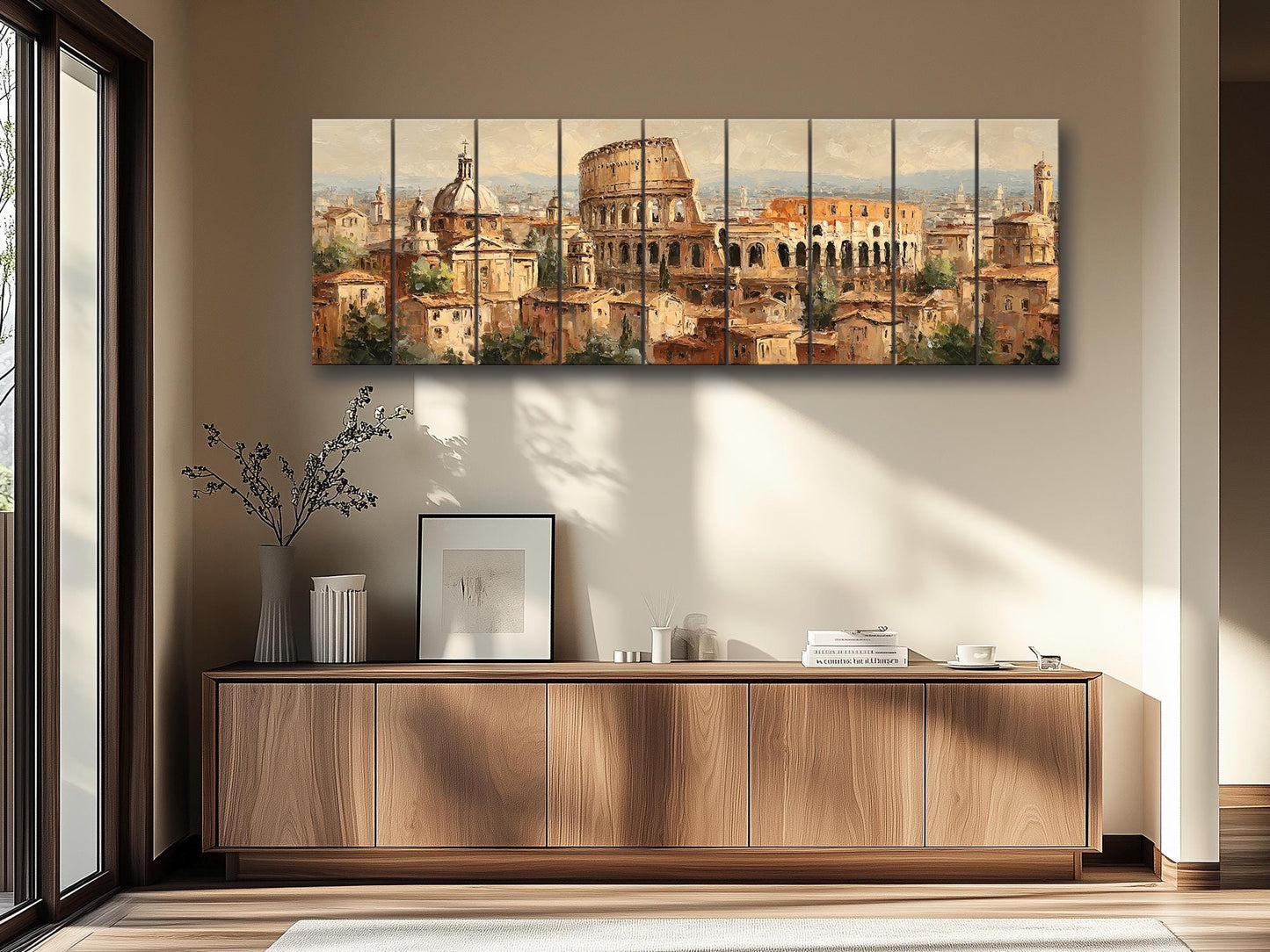 Rome Skyline Wood Print – Rustic Wood Art | Colosseum Painting Beige Wall Decor