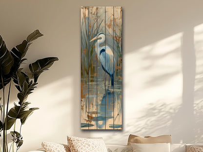 Heron in a Lake Rustic Print on Natural Wood, Cozy Cabin Wall Decor