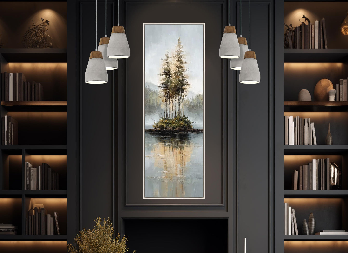 Rustic Island Canvas - Tonal Landscape Art With Misty Forest & Calm Water Reflections