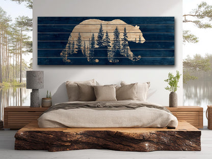 Bear Silhouette Wall Art – Rustic Cabin Decor with Pine Forest Print on Wood