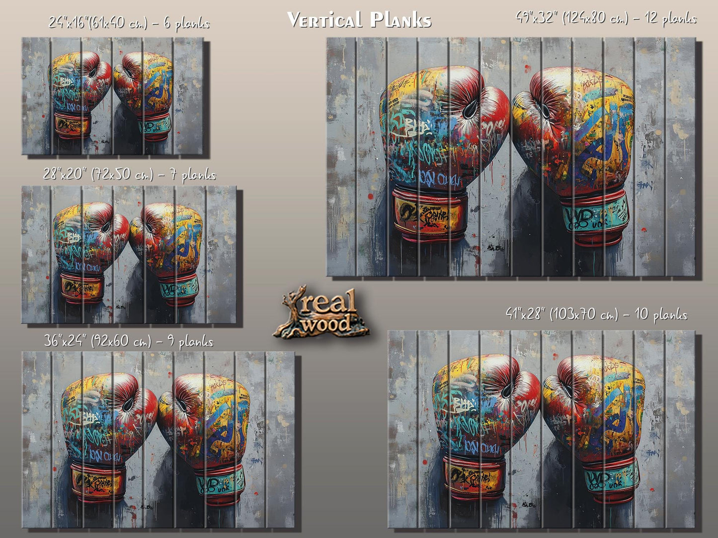Abstract Boxing Gloves Print On Natural Wood - Sports Wall Art