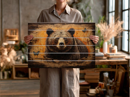 Rustic Grizzly Bear Print - Natural Wood Wall Art | Cabin Decor & Wildlife Artwork