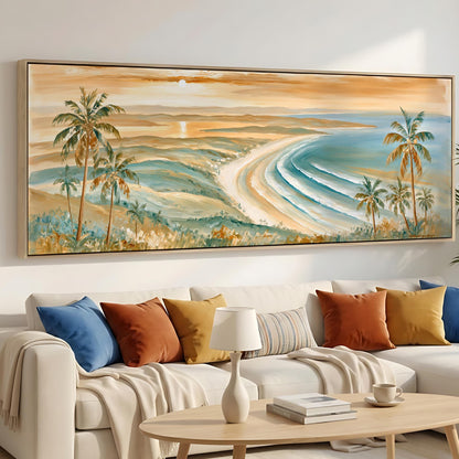 a large painting of a tropical beach scene hanging on a wall above a white sofa with colorful throw pillows.