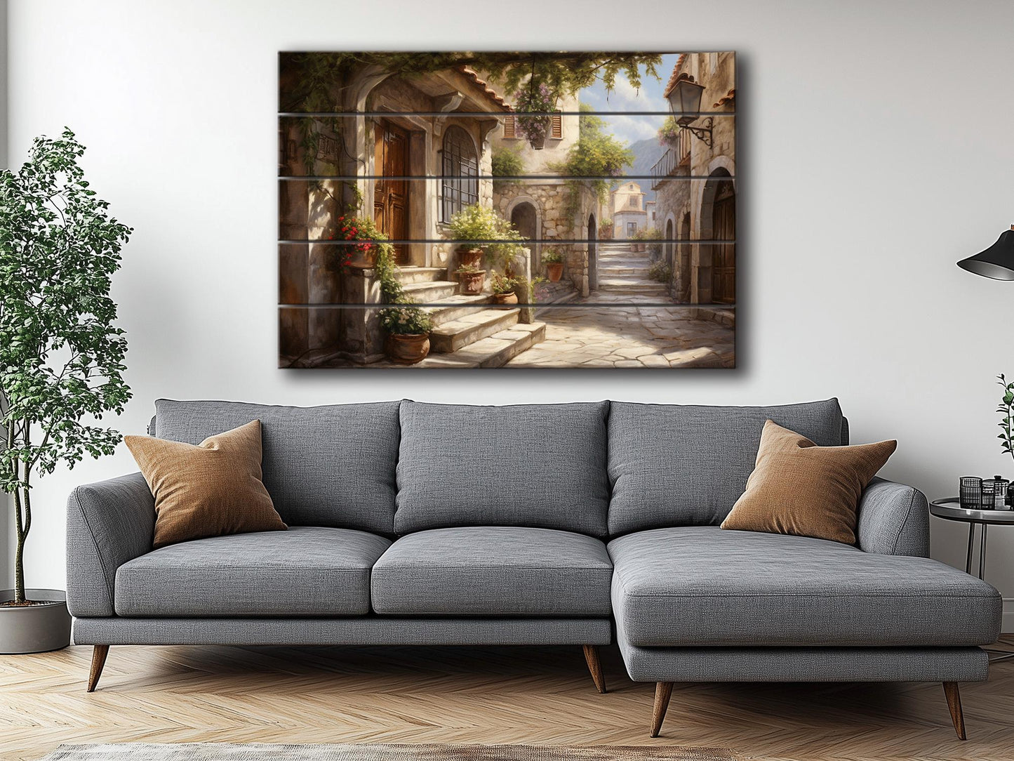 Italian Village Wall Art – Rustic Wood Plank Painting with Vibrant Italy Landscape Print