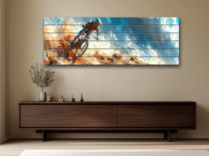 Mountain Biker Wall Art – Rustic Wooden Print on Wood | Outdoor Sports Decor