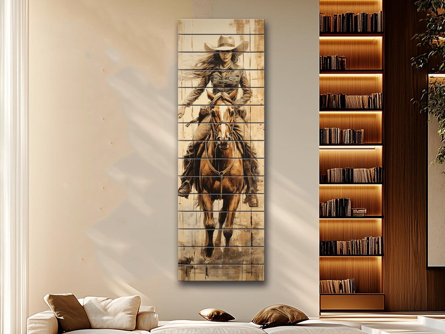Rustic Cowgirl Art Print – Western Wall Decor | Natural Wood Wood Print Art