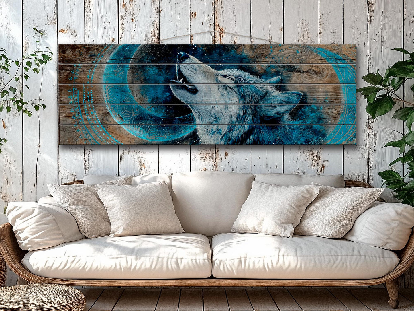 Wolf Howling on Full Moon Print on Natural Wood, Rustic Howling Wolf Painting, Native American Wall Decor, Wolf Wall Art, Tribal Wall Decor