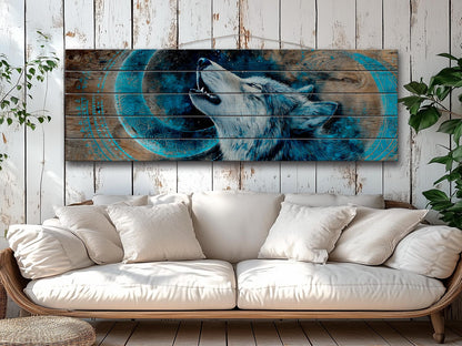 Wolf Howling on Full Moon Print on Natural Wood, Rustic Howling Wolf Painting, Native American Wall Decor, Wolf Wall Art, Tribal Wall Decor