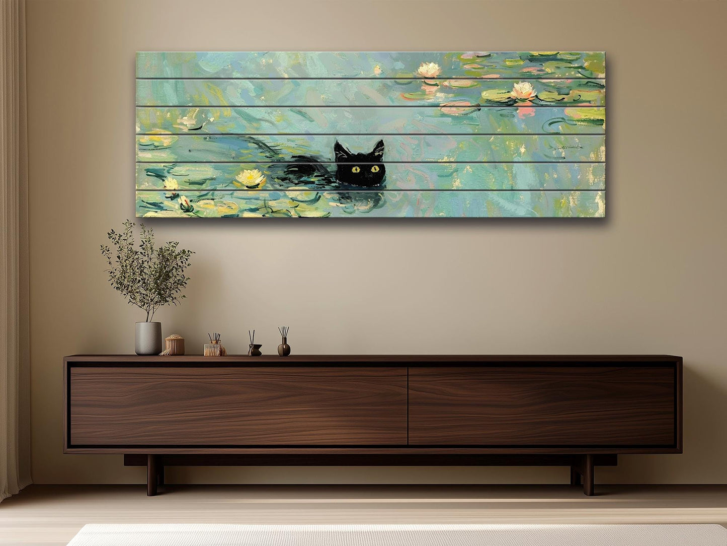 Wood Wall Art - Black Cat Swimming Among Water Lilies | Natural Wood Plank Print