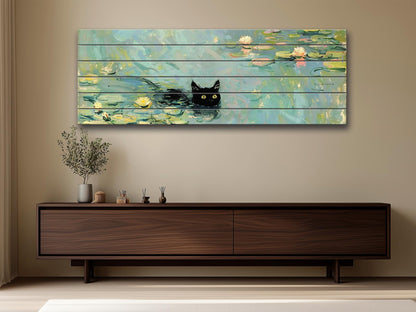 Wood Wall Art - Black Cat Swimming Among Water Lilies | Natural Wood Plank Print