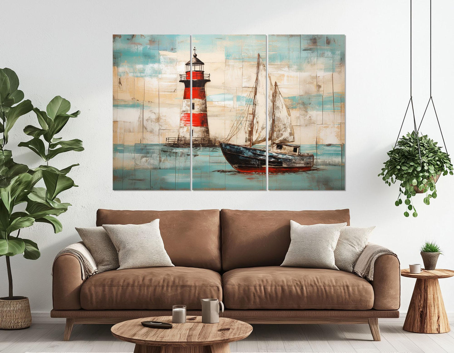 Nautical Wall Art - Rustic Lighthouse Canvas Print With Sailboat Painting, Framed & Ready To Hang