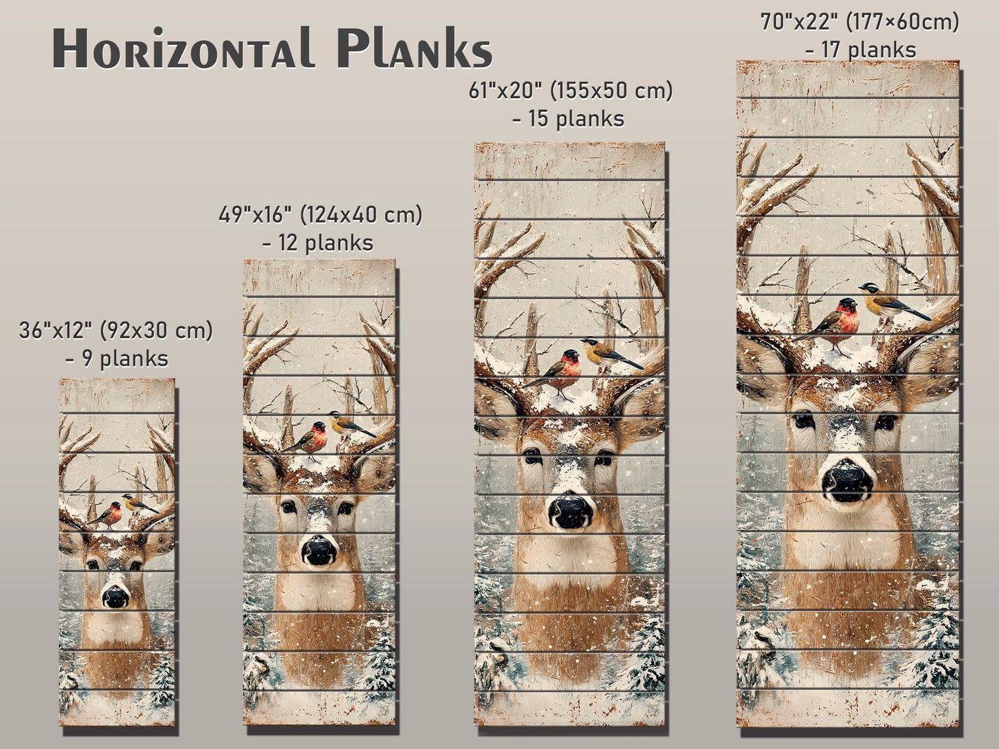 Deer Head Winter Print on Wood – Snowy Antlers Forest Scene, Rustic Wall Decor
