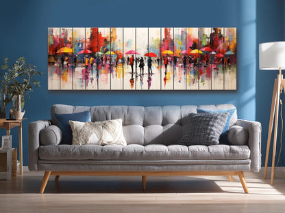 Wooden Wall Art – Abstract Rainy City Print on Natural Wood Planks | Colorful Decor