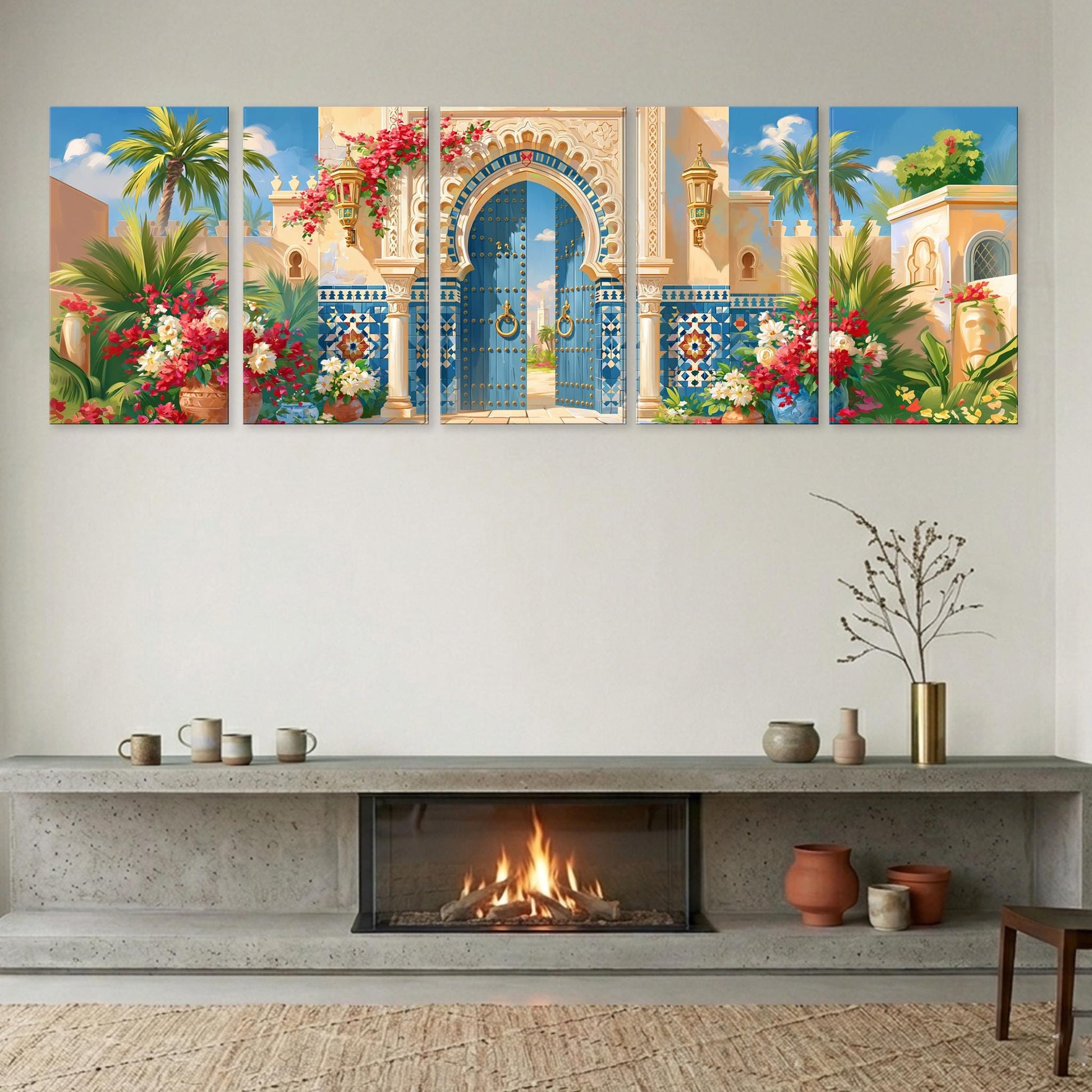a cozy living room with a fireplace, a wooden shelf, and a vase of flowers. Above the fireplace, there is a large, colorful painting depicting an ornate archway surrounded by tropical plants and flowers.