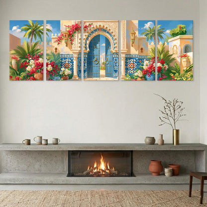 a cozy living room with a fireplace, a wooden shelf, and a vase of flowers. Above the fireplace, there is a large, colorful painting depicting an ornate archway surrounded by tropical plants and flowers.