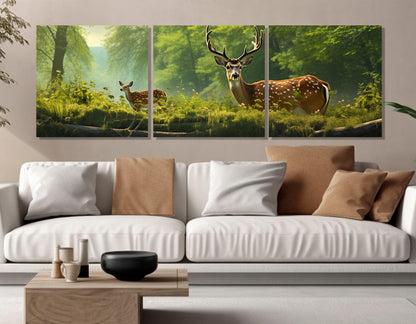 Deer Family Wall Art – Mother Deer with Fawn Forest Canvas Print, Framed & Ready to Hang