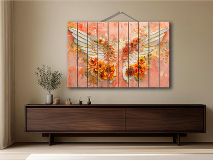 Wood Wall Art – Angel Wings Painting on Wood Planks | Rustic Religious Decor