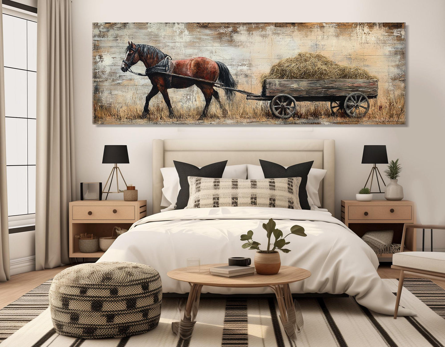 Horse Canvas Print – Brown Horse Pulling Wooden Cart | Rustic Wall Decor Framed Canvas