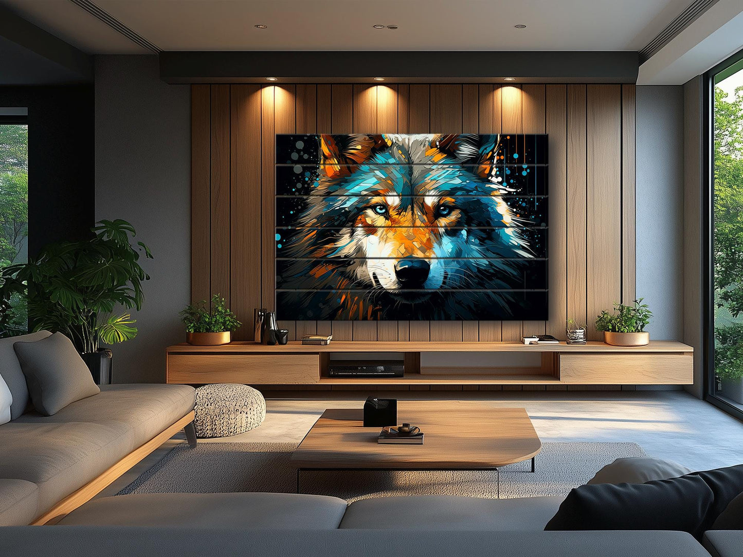 Wolf Painting Wood | Abstract Wolf Portrait on Natural Wood Plank Art - Modern Hunter Gift