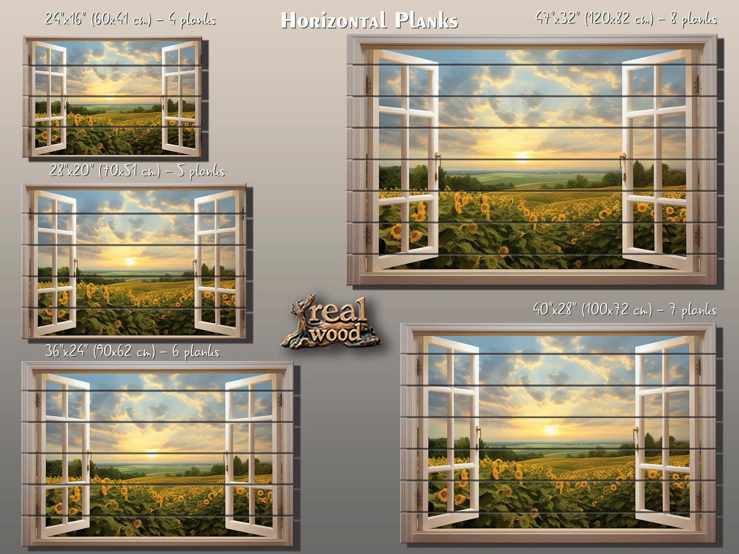 Wood Wall Art | Rustic Floral Wood Print with Sunflower Field Open Window Painting