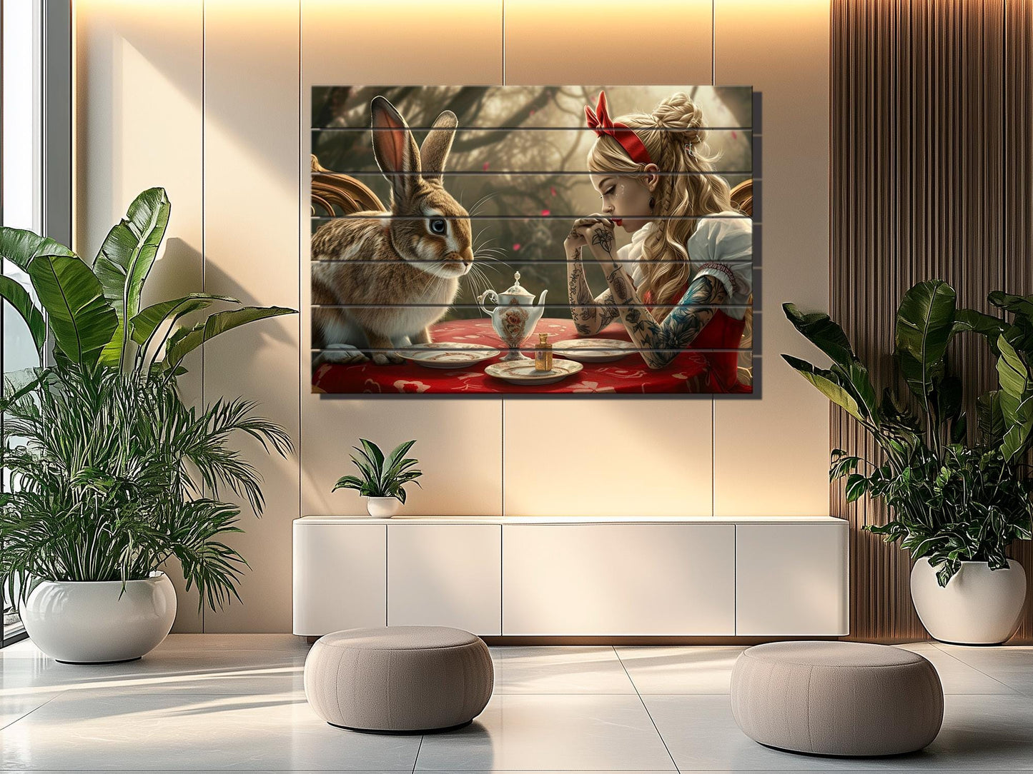 Alice in Wonderland Print – Abstract Wood Wall Art on Natural Plank Decor