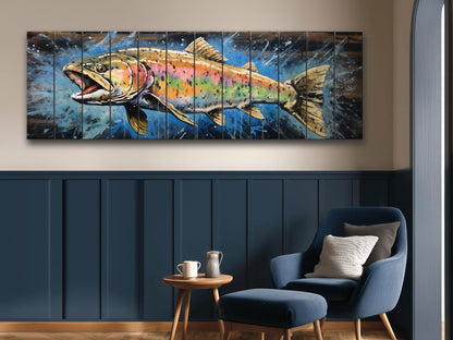 Rainbow Trout Wall Art - Rustic Wood Plank Painting | Fishing Lodge Decor