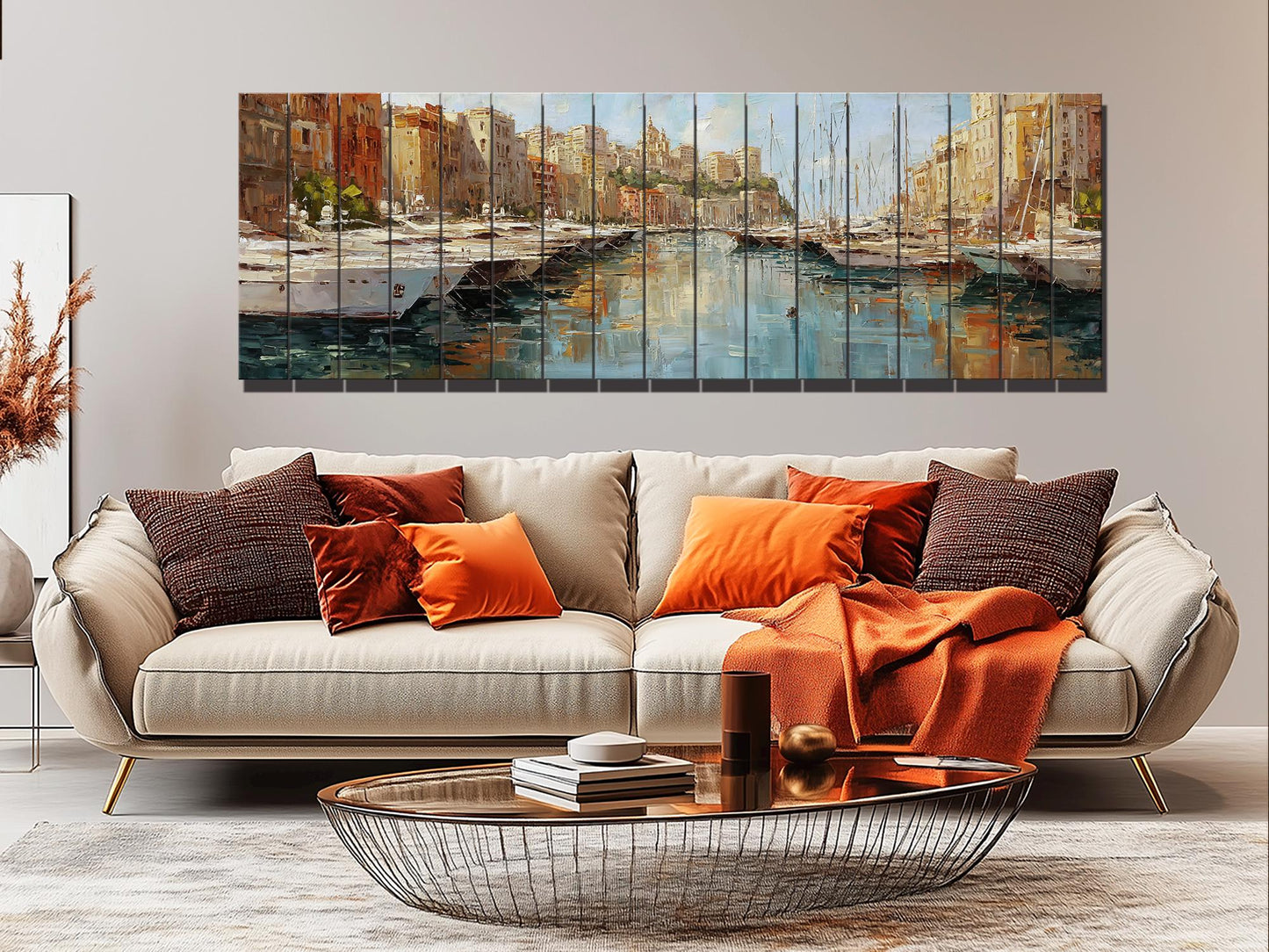 Monaco Harbor Wood Print – Rustic Wall Art | Beige Light Reflections on Distressed Wood