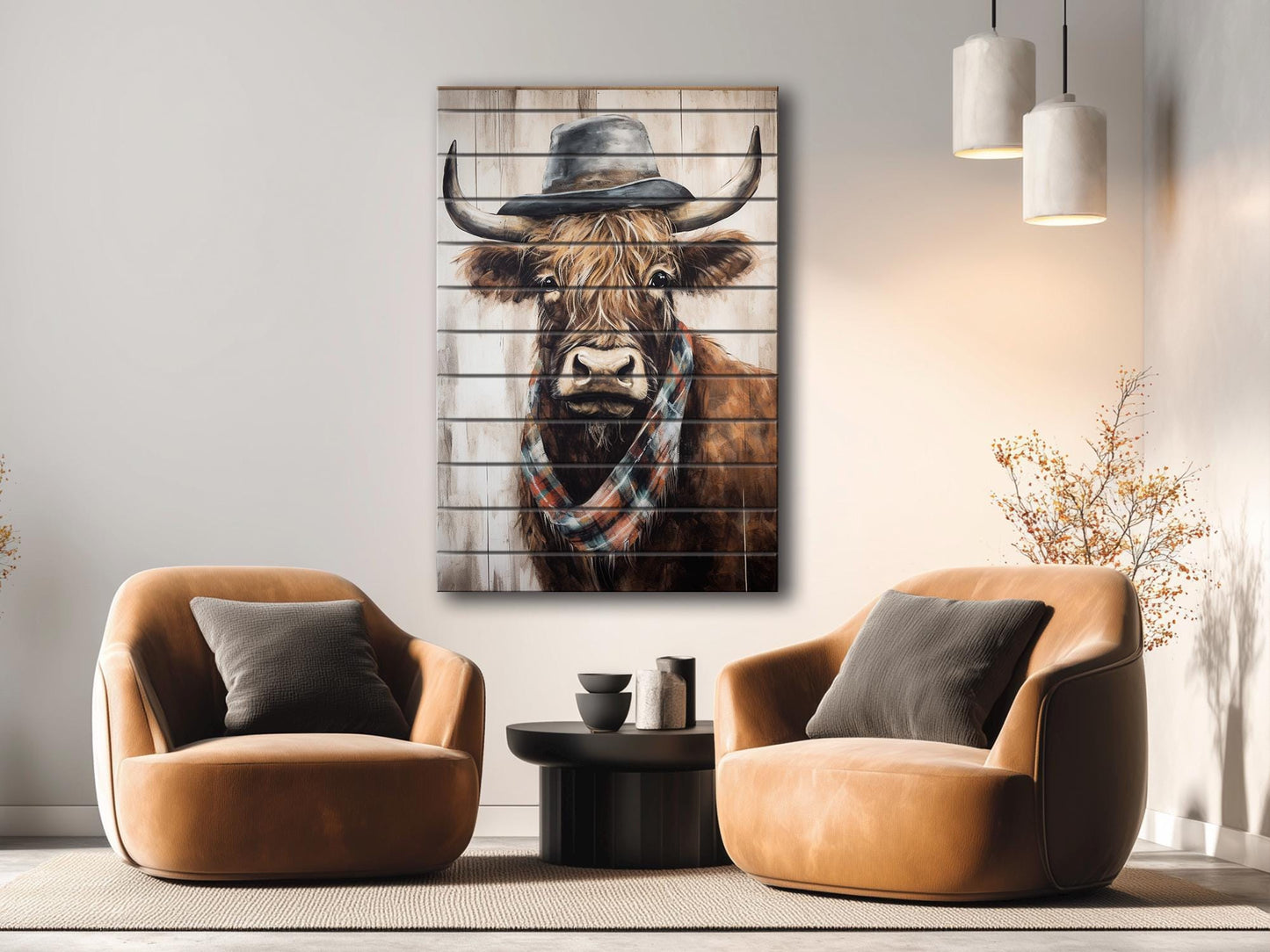 Rustic Wood Wall Art – Highland Cow Artwork on Natural Wood Planks | Farmhouse Wall Decor