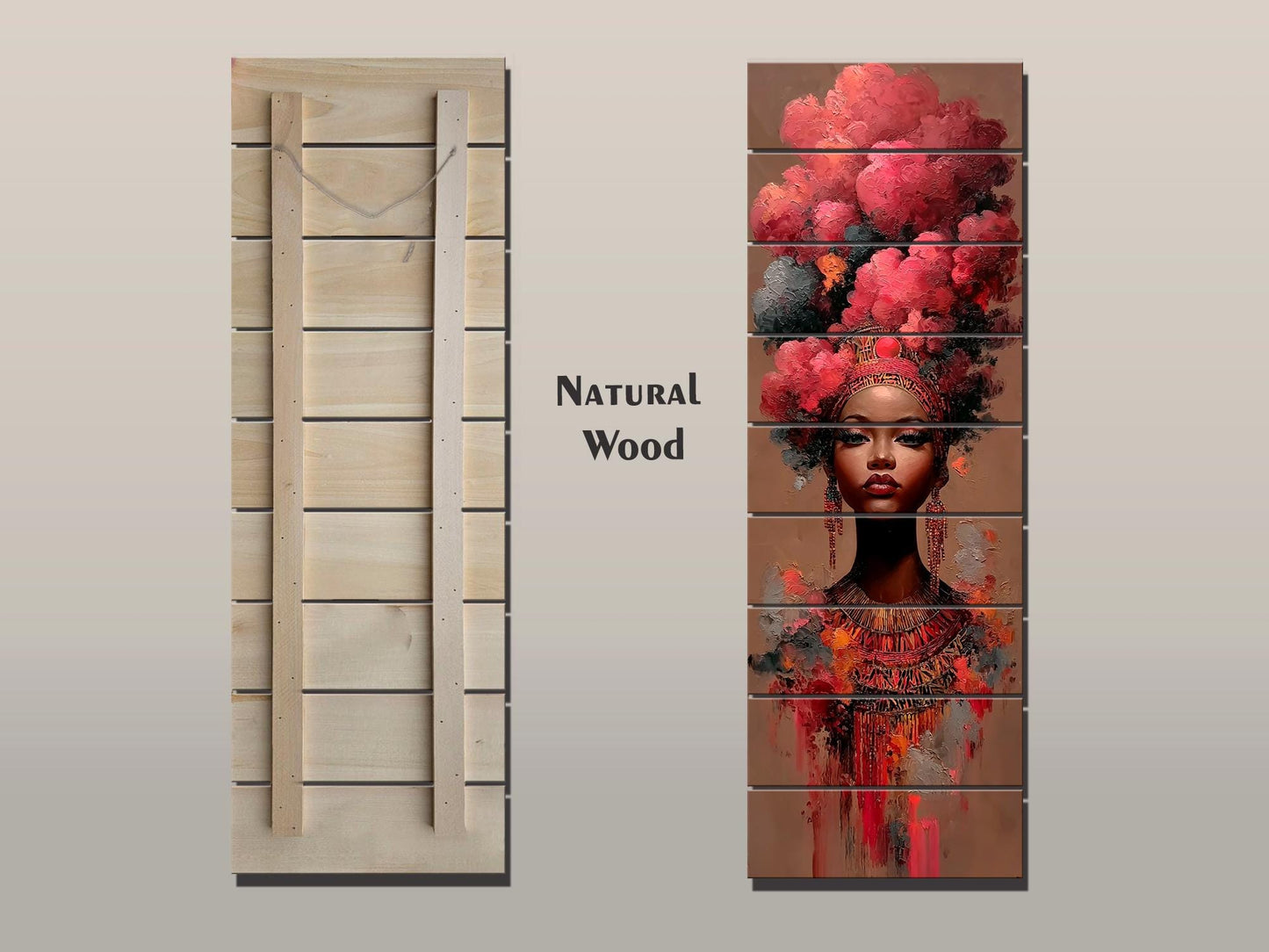 African Woman Wood Print – Tribal Wall Art With Red Cloud Headdress, Ready to Hang