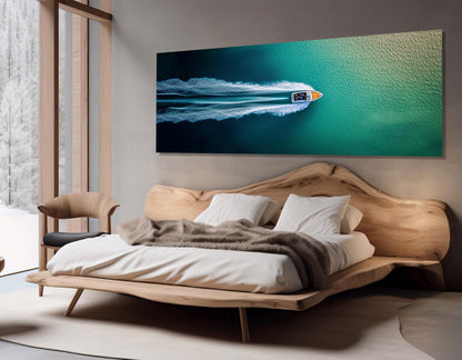 Minimalist Seascape Canvas - Framed Canvas Print | Aerial Motor Boat Artwork