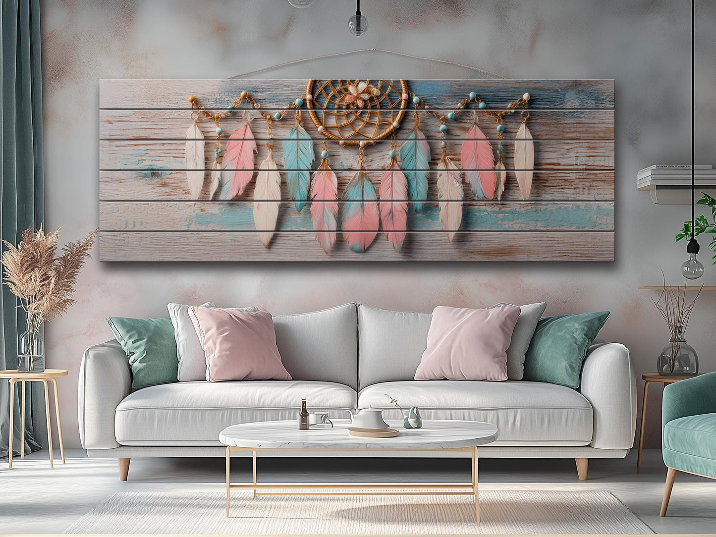 Rustic Wood Wall Art - Boho Dreamcatcher with Feathers and Beads Print on Natural Wood, Bedroom Painting, Boho Wall Art, Bedroom Wall Decor