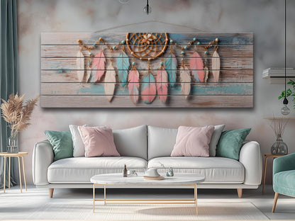 Rustic Wood Wall Art - Boho Dreamcatcher with Feathers and Beads Print on Natural Wood, Bedroom Painting, Boho Wall Art, Bedroom Wall Decor