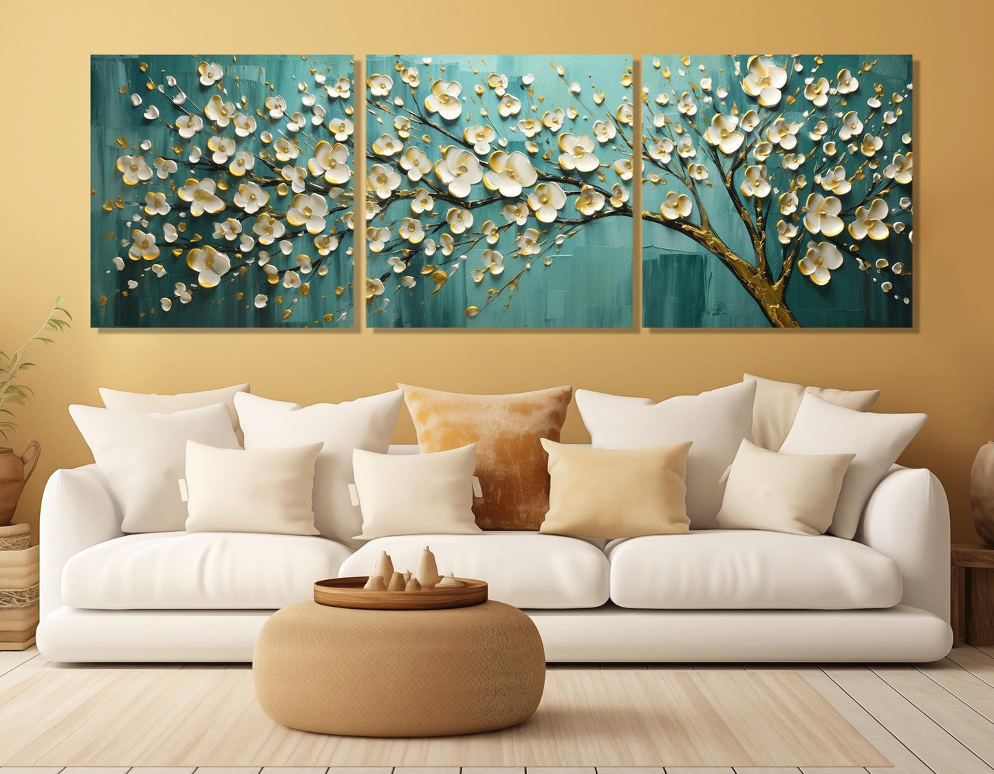 Abstract Tree Canvas Print - Teal Panoramic Painting | Ready to Hang Floral Wall Art