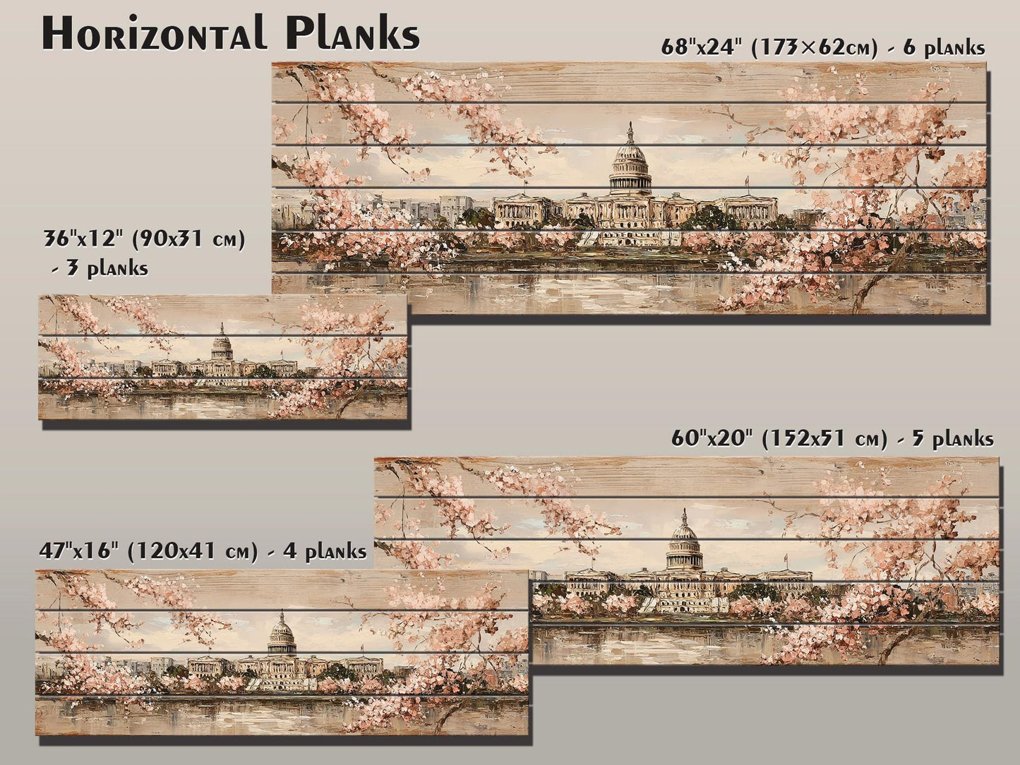 Washington DC Wood Print – Rustic Cityscape Wall Art With Capitol Cherry Blossoms