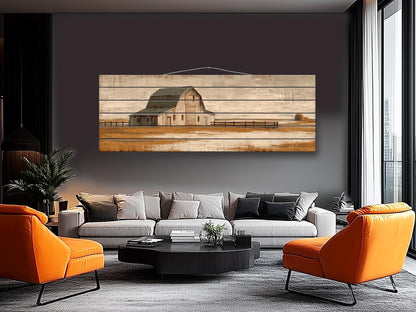 Country Barn Wall Art – Rustic Wood Print With Tractor & Beige Ochre Painting