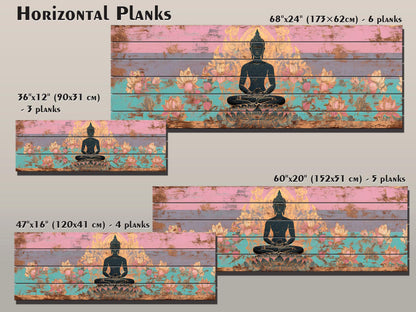 Wood Wall Art – Peaceful Buddha Silhouette with Lotus Flowers Print on Natural Wood, Buddhist Wall Decor, Buddha Painting, Buddhist Gift