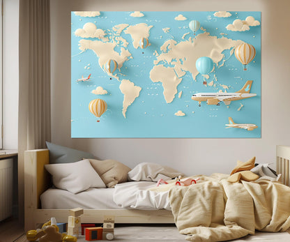 Kids World Map Canvas - Framed Educational Wall Art for Children's Room Decor