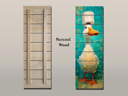 Cute Duck Print on Wood - Whimsical Bathroom Wall Art with Teal and Cream