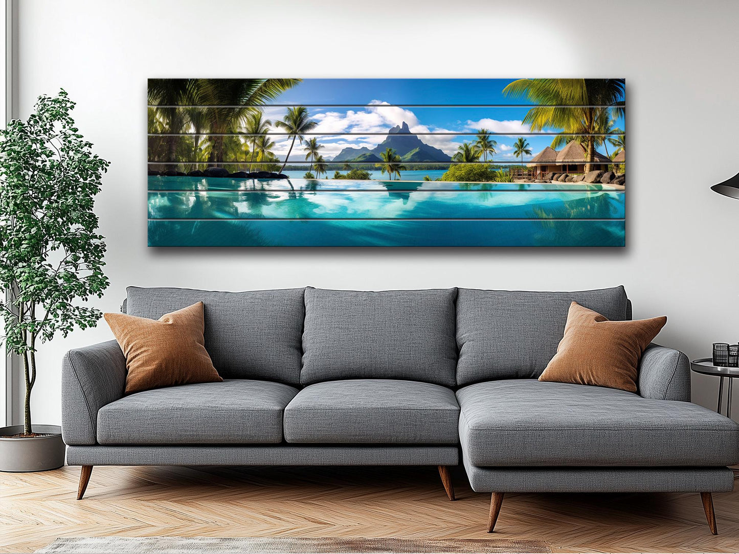 Tropical Wood Wall Art | Bora Bora Painting on UV Printed Natural Wood Plank Art