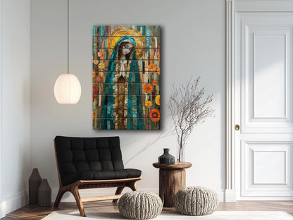Saint Maria Wood Art – Natural Wood Print | Mosaic Religious Wall Decor