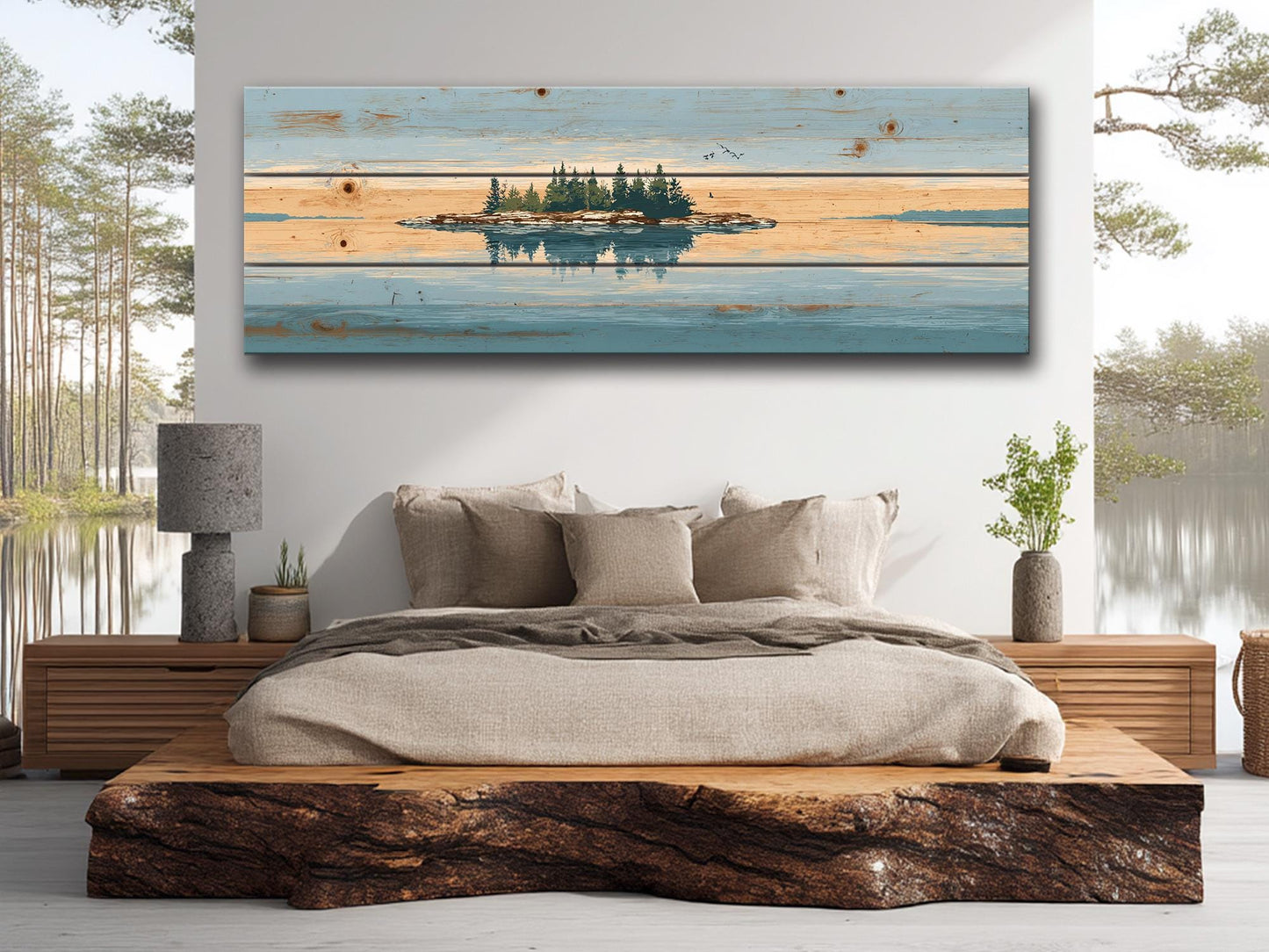 Lake Island Wood Art – Rustic Wood Wall Art with Serene Lake Landscape