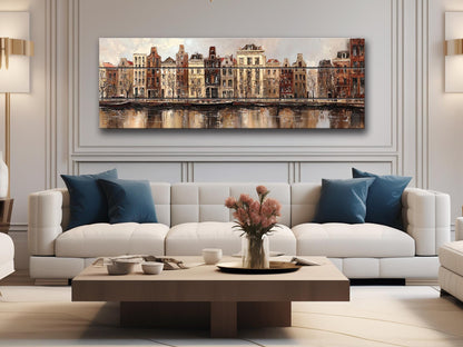 Amsterdam Canal Houses Print – Rustic Wood Art Beige Wall Decor on Distressed Wood
