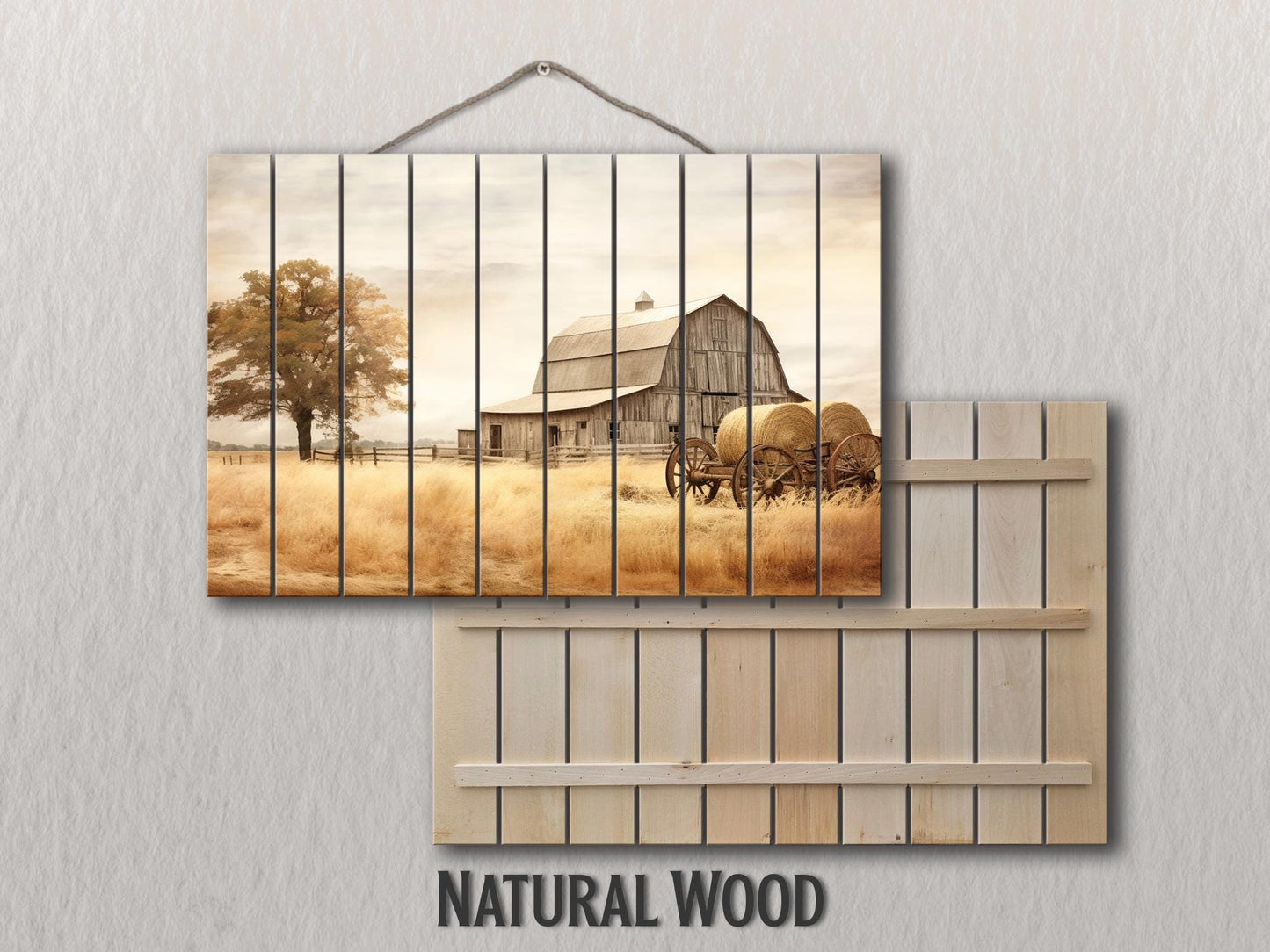 Rustic Wood Wall Art – Old Barn Painting on Natural Wood Plank Art with Vibrant UV Printing
