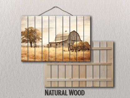 Rustic Wood Wall Art – Old Barn Painting on Natural Wood Plank Art with Vibrant UV Printing