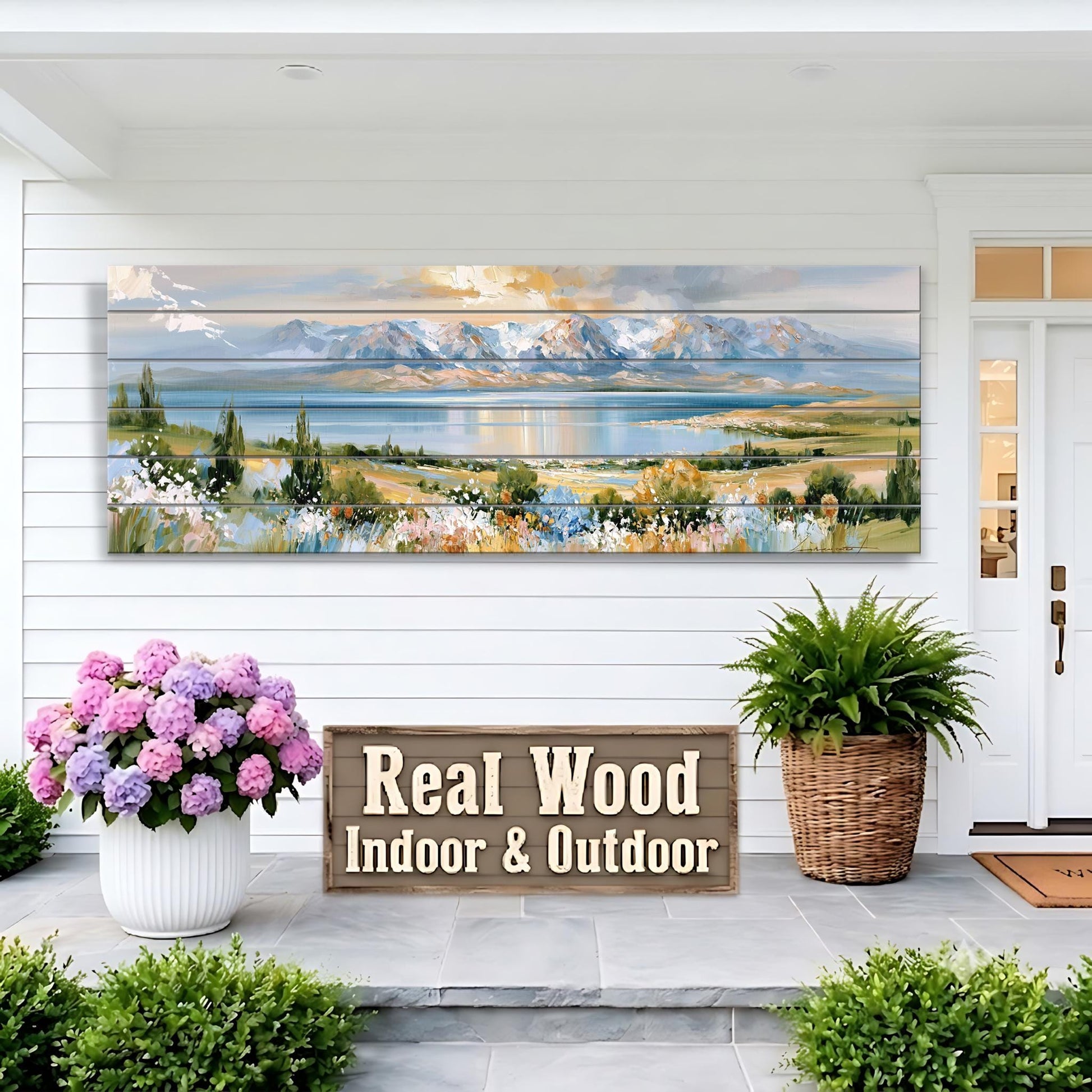 a large painting of a mountain landscape hanging on a white wall above a wooden sign that reads "Real Wood Indoor & Outdoor". The painting is displayed on the wall, and the sign is positioned below it. The scene also includes potted plants and a door, creating a welcoming and natural atmosphere.