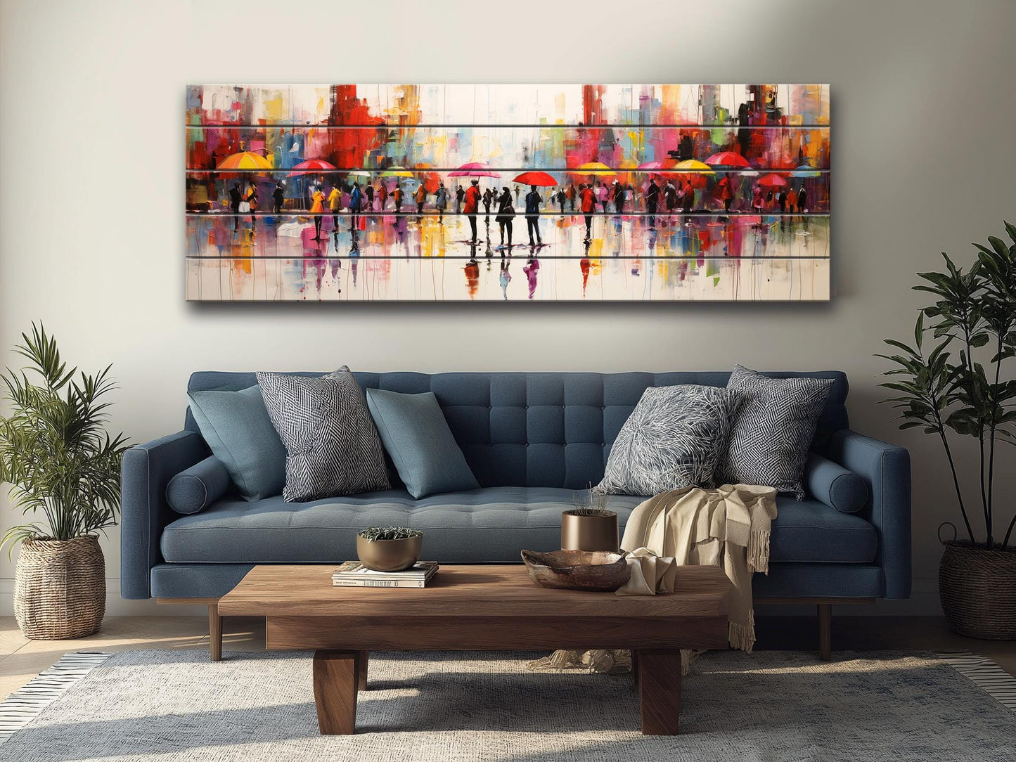 Wooden Wall Art – Abstract Rainy City Print on Natural Wood Planks | Colorful Decor