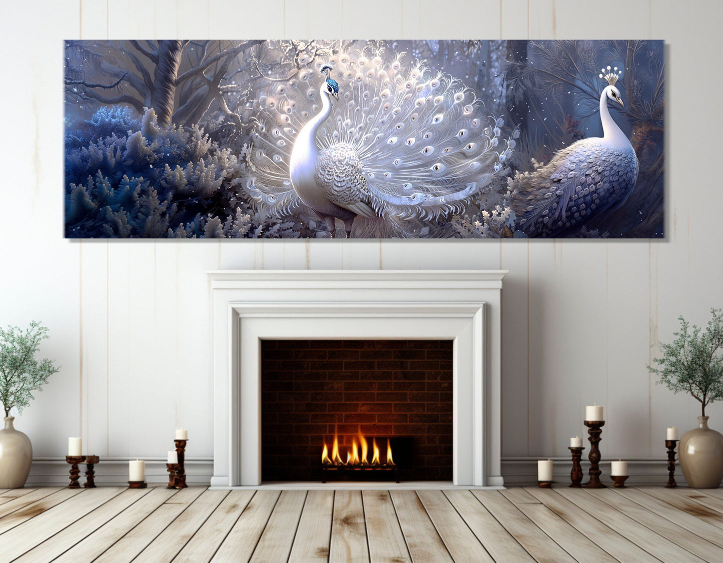 Peacocks Canvas Print – White Silver Fantasy Painting | Framed Gallery Wrapped Art
