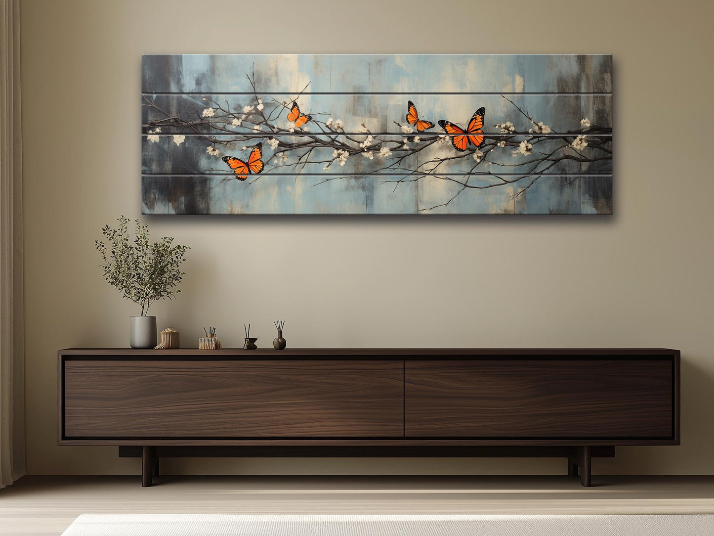 Butterflies on Blossoming Branch Print on Natural Wood – Rustic Nature Wall Art