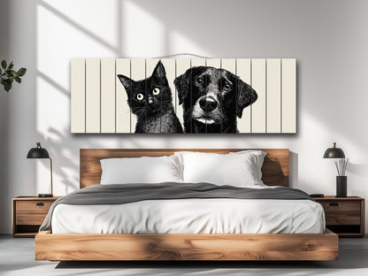 Cat and Dog Print on Wood, Black and White Pet Wall Art, Rustic Bedroom Print
